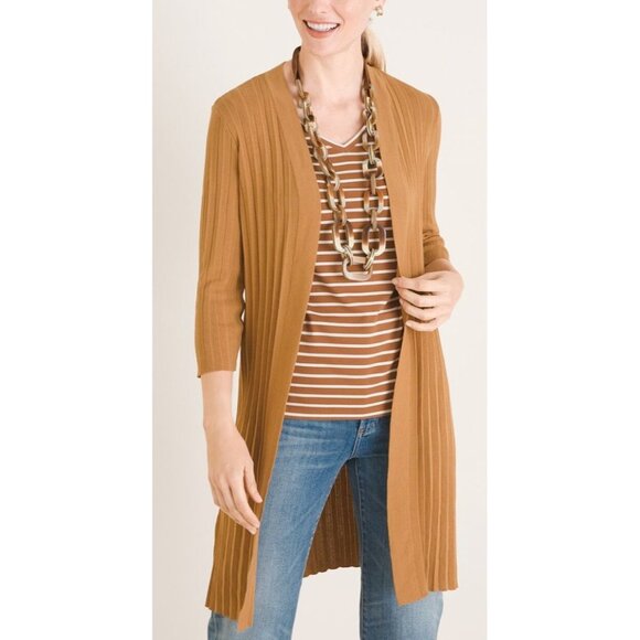 Chicos Long‎ Line Maxi Pleated Open Front Cardigan English Toffee Gold 0 S $109 - Picture 1 of 9